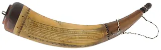 Powder Horn,
12-1/2", scrimshaw verse, 
Potomac river valley map, iron staple